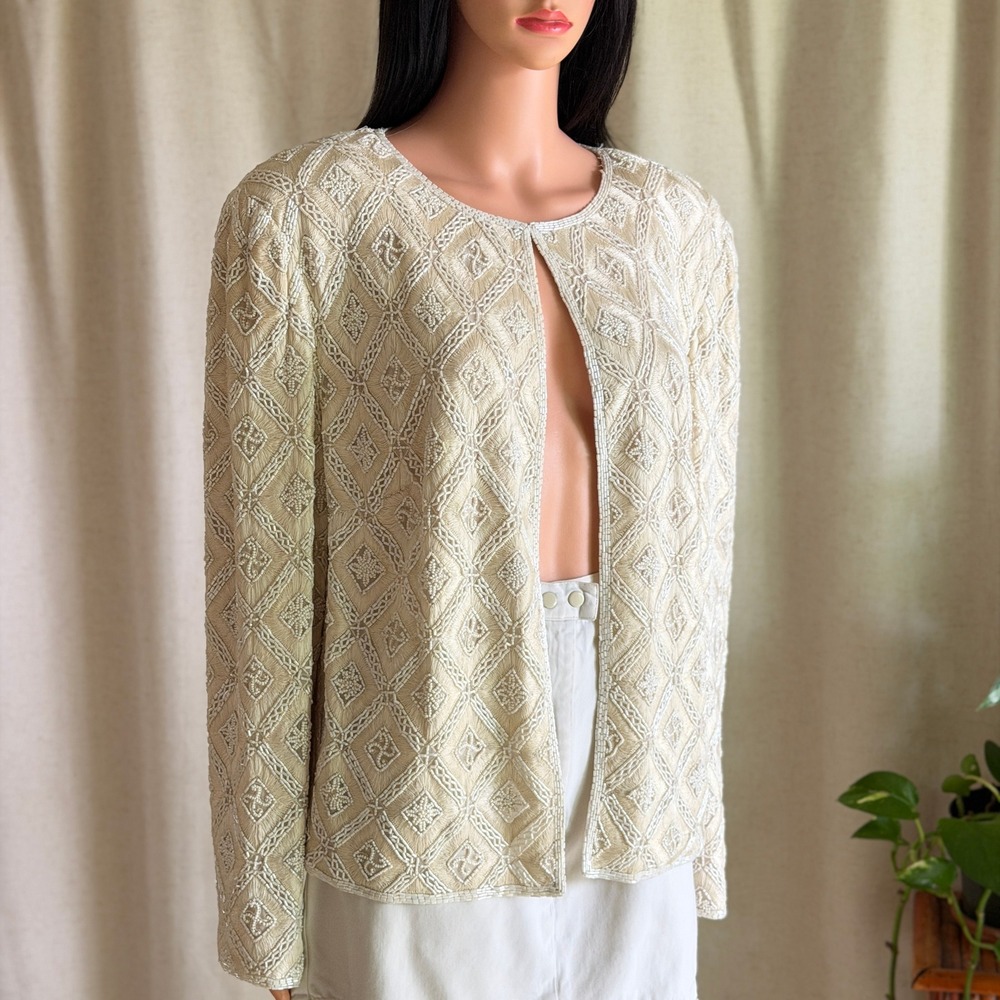 NWT Vtg 90s Deadstock Oleg Cassini Black Tie Silk Beaded Evening Jacket Ivory 1X